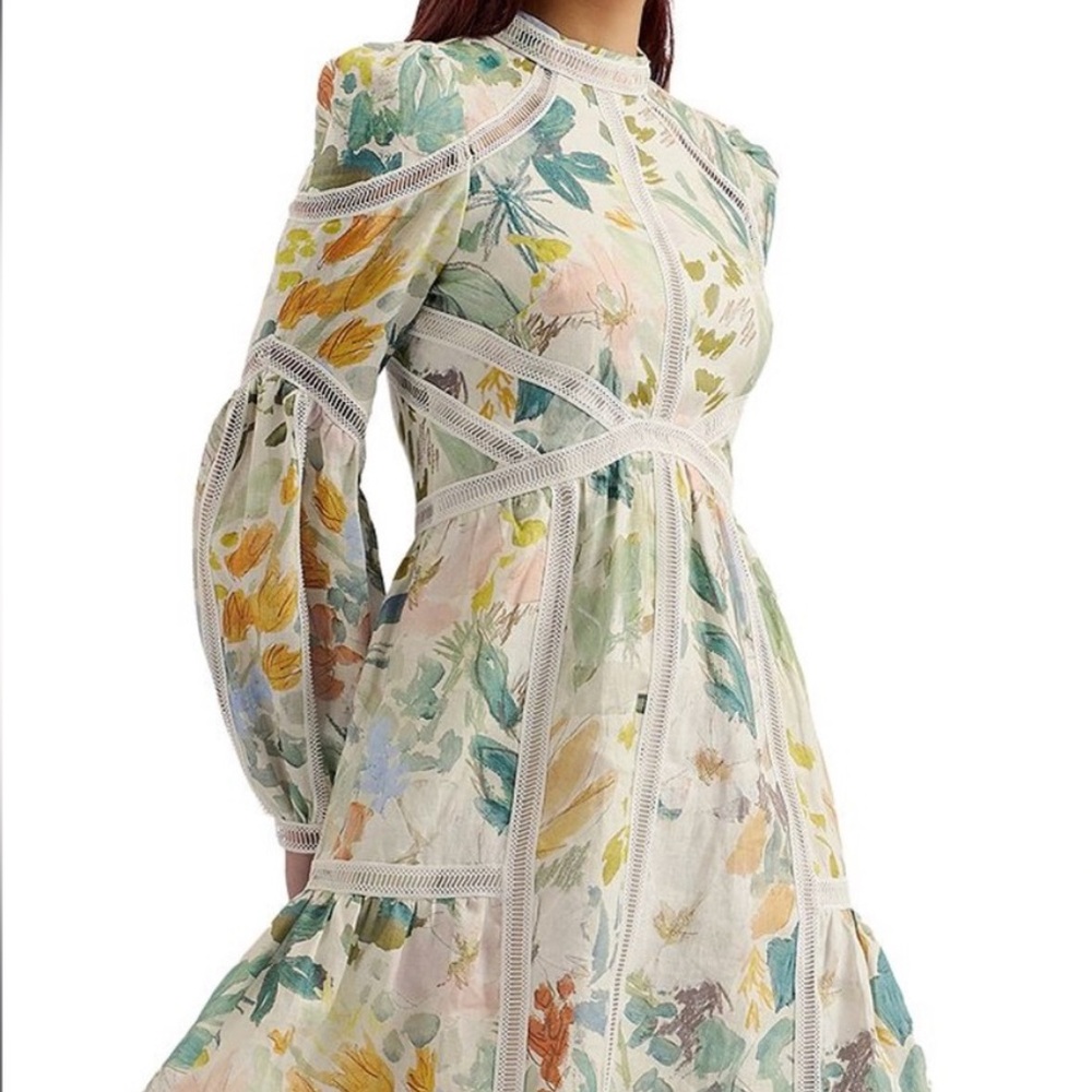 NWT Ted Baker London Tealan Floral Print Long Sleeve Lace Trim Mini Dress